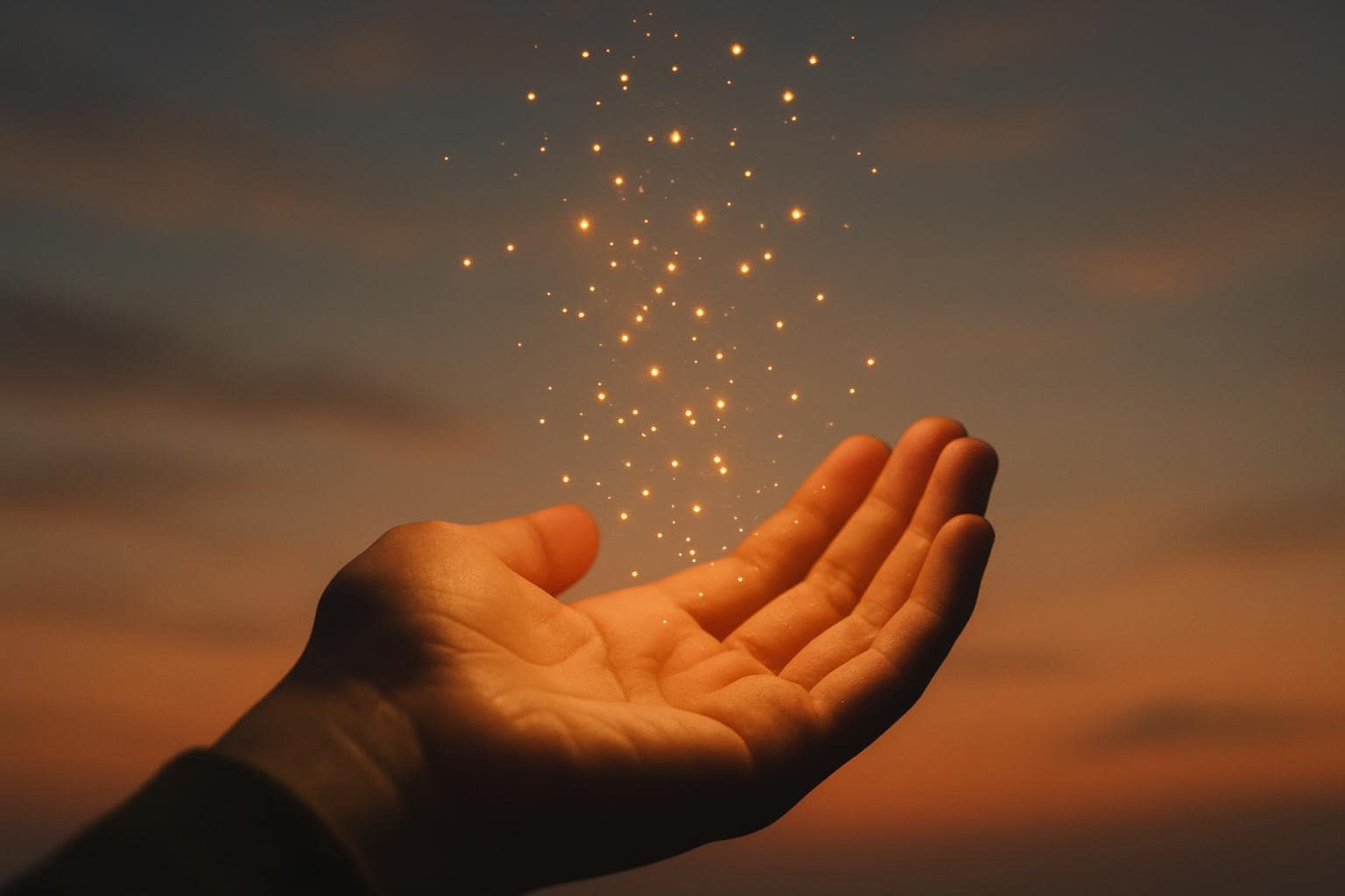 Open hand releasing glowing light particles into a twilight sky, symbolizing new beginnings