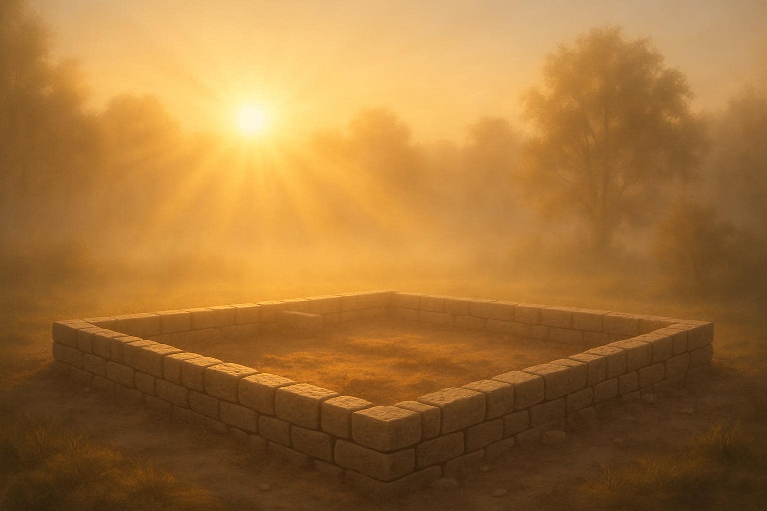 Sunrise light over a stone foundation symbolizing new beginnings built on stability