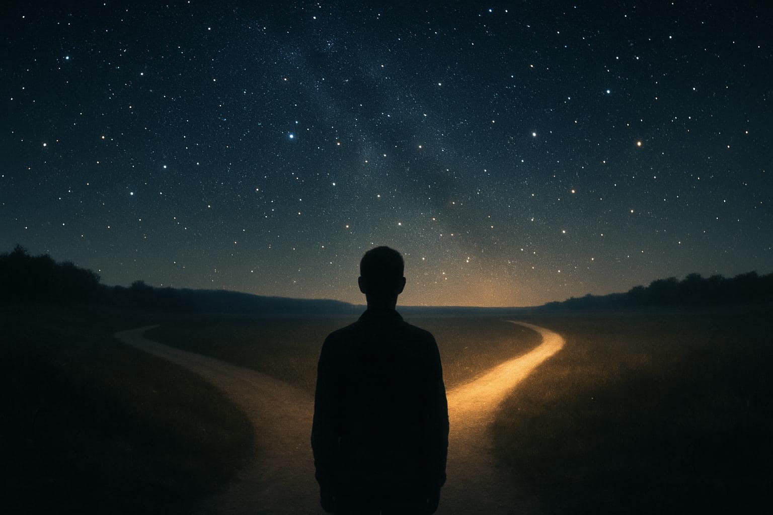 Silhouette at a glowing crossroads under a starry sky representing intuitive decision making