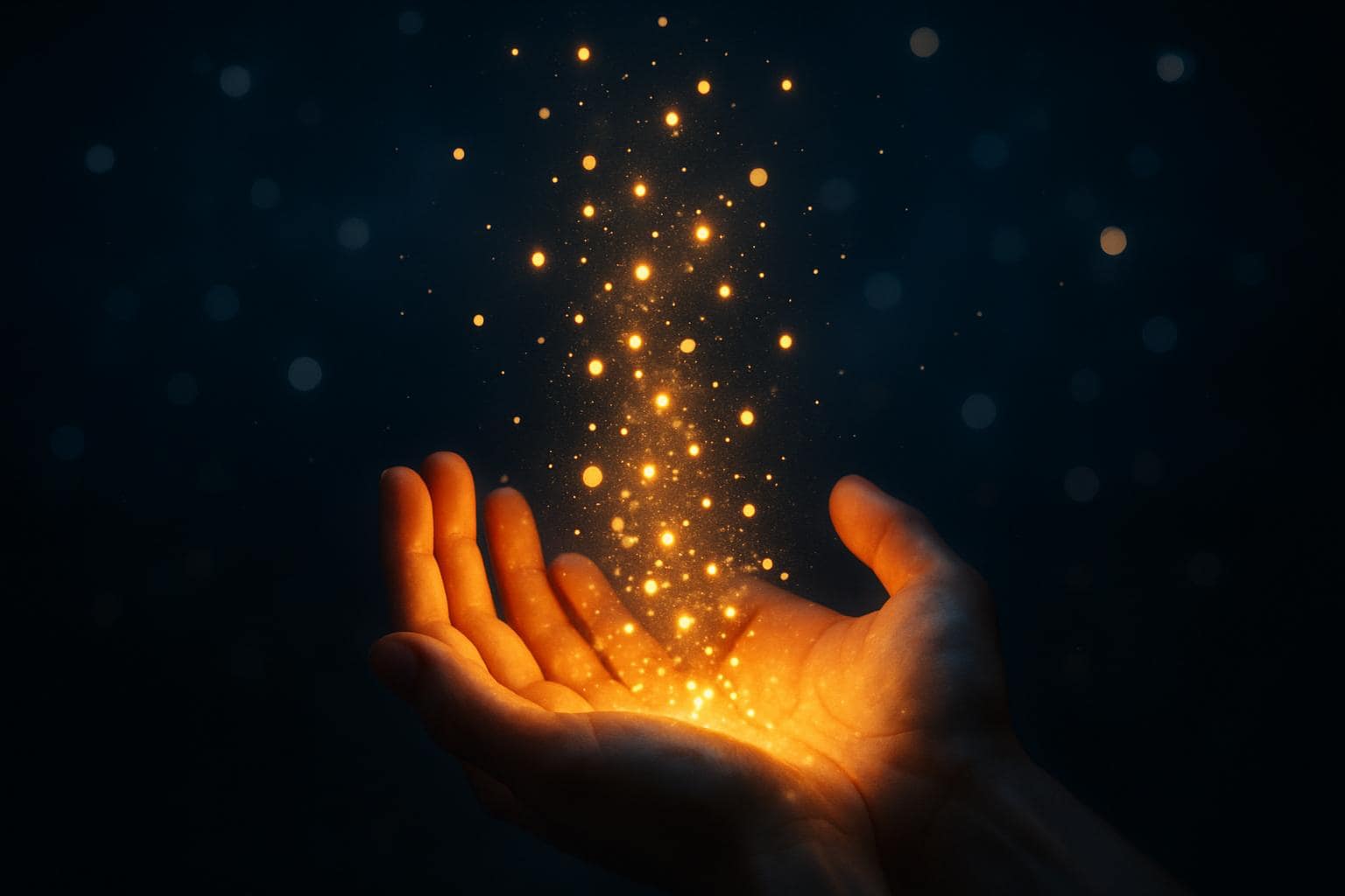 Hands releasing glowing light particles into the night sky symbolizing letting go and new beginnings