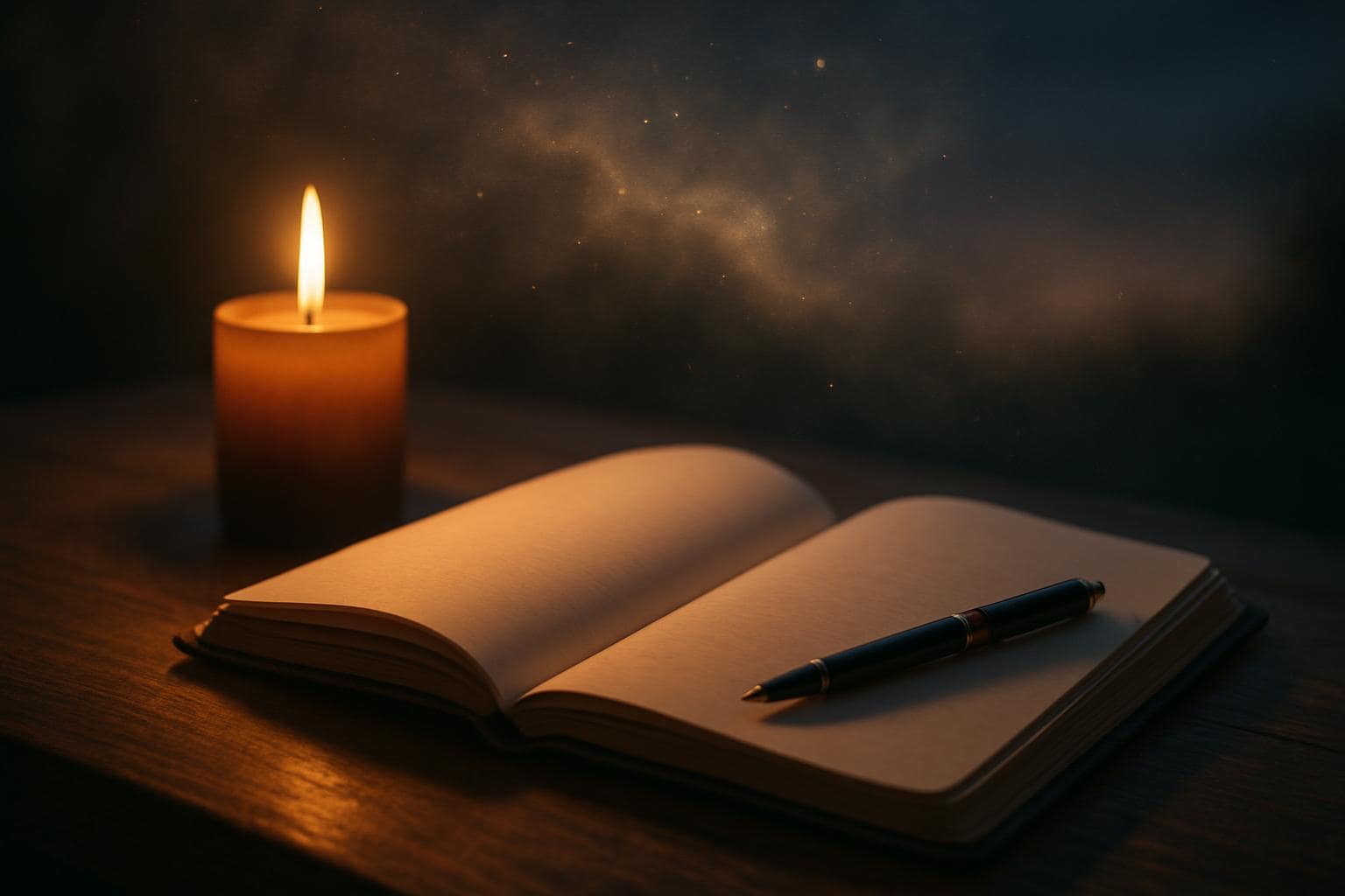 Journal and candle glowing softly, symbolizing quiet reflection during a spiritual awakening