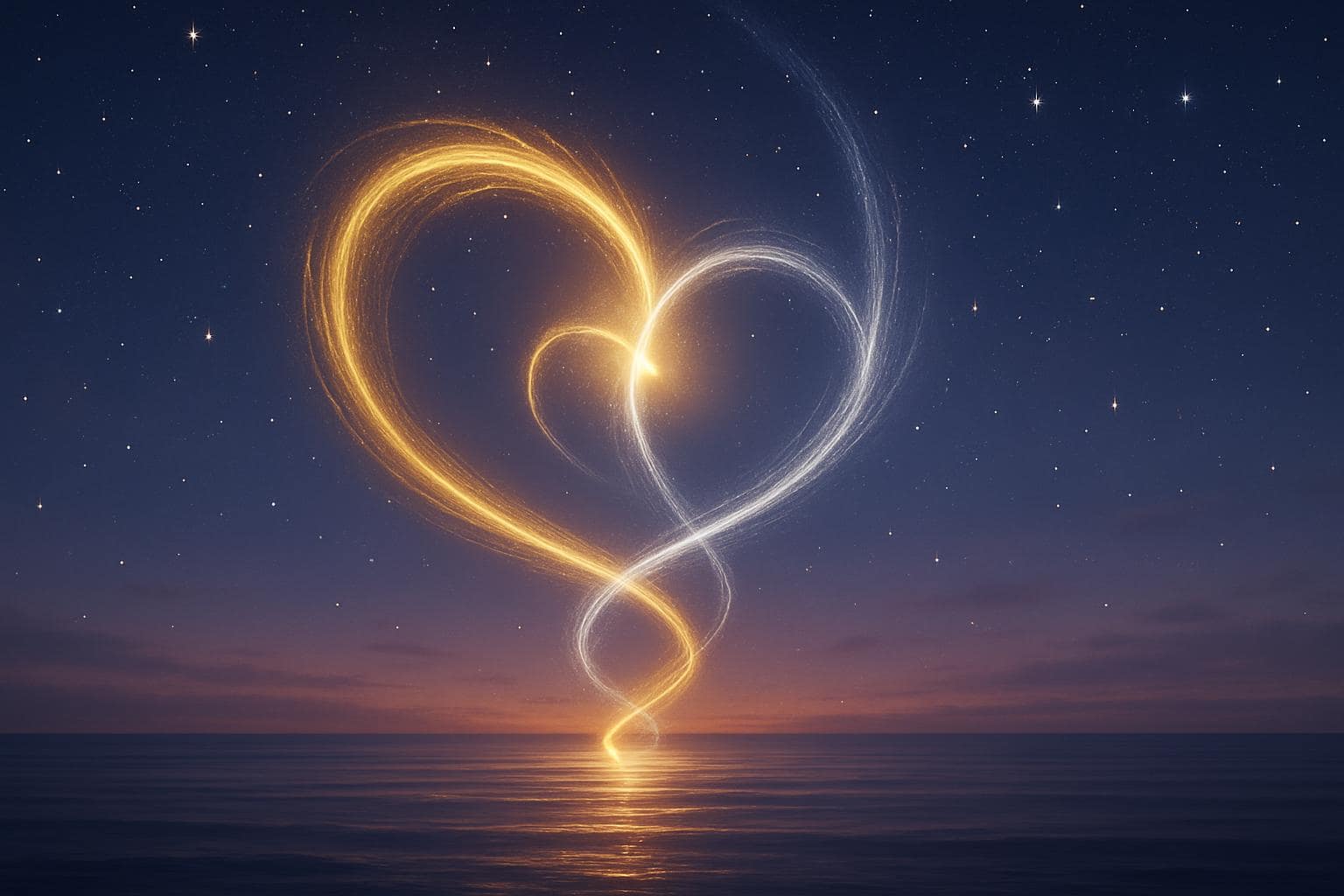 Two glowing light trails spiraling toward each other above calm water, symbolizing a twin flame connection