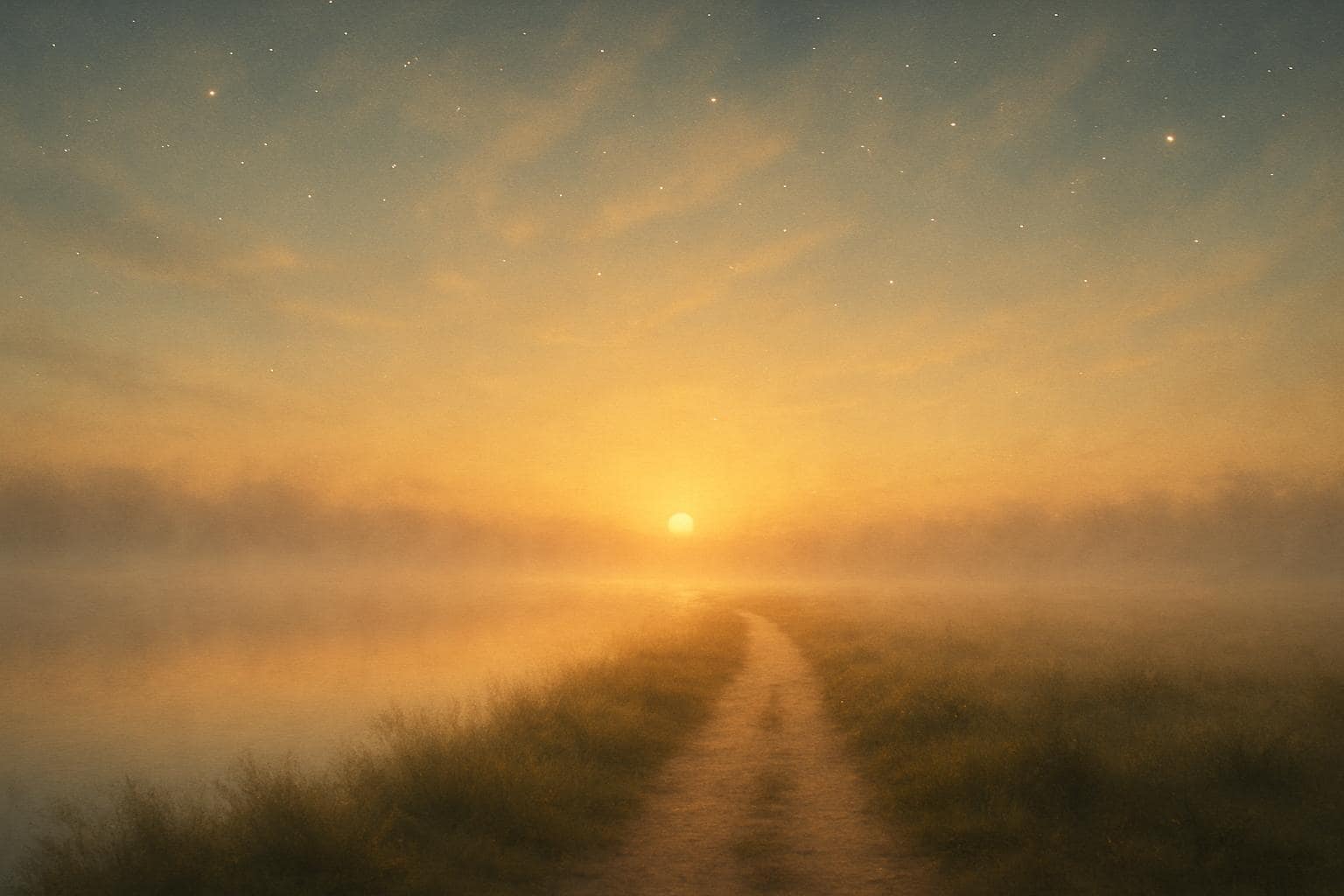 Golden dawn light breaking over a calm horizon symbolizing new beginnings