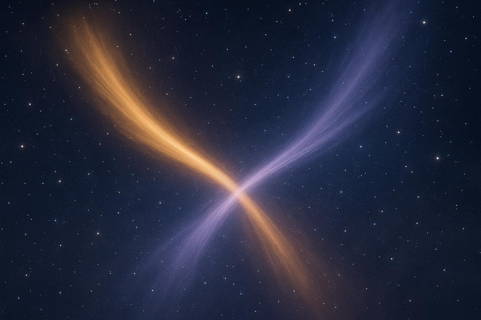 Two beams of soft light merging in a starry sky symbolizing connection and balance