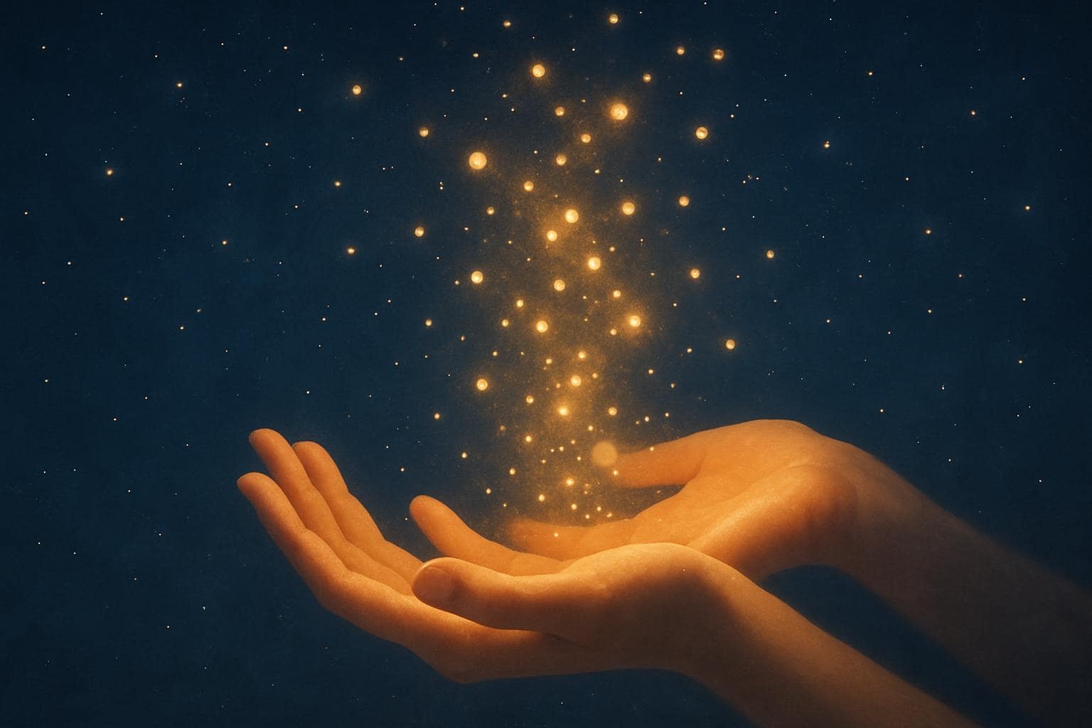 Hands releasing glowing light particles into a starry night sky, symbolizing letting go and new beginnings