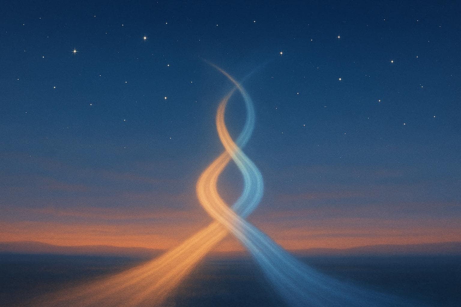 Two glowing paths merging together under a twilight sky symbolizing balance and partnership
