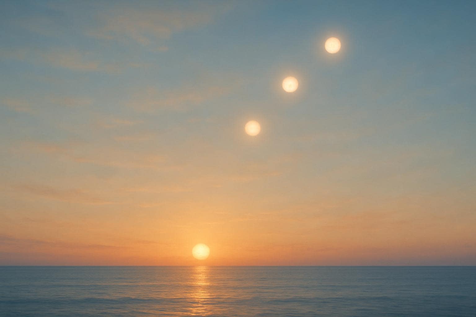 Sunrise sky with four glowing lights symbolizing steady spiritual progress