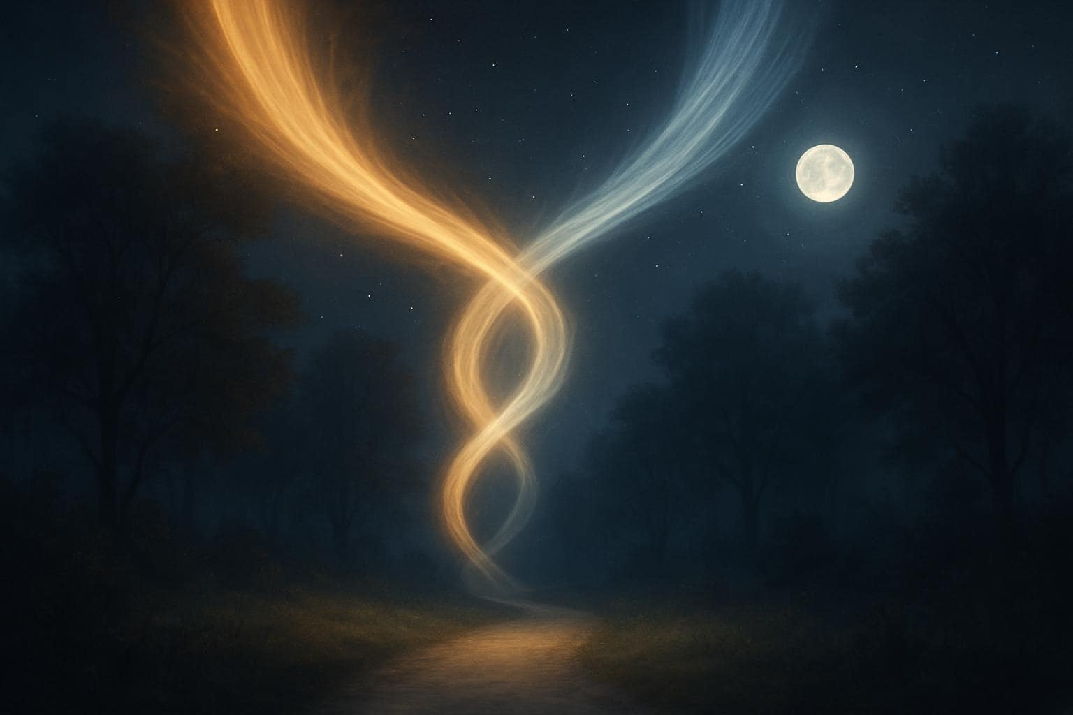 Two beams of light meeting above a moonlit path symbolizing twin flame connection