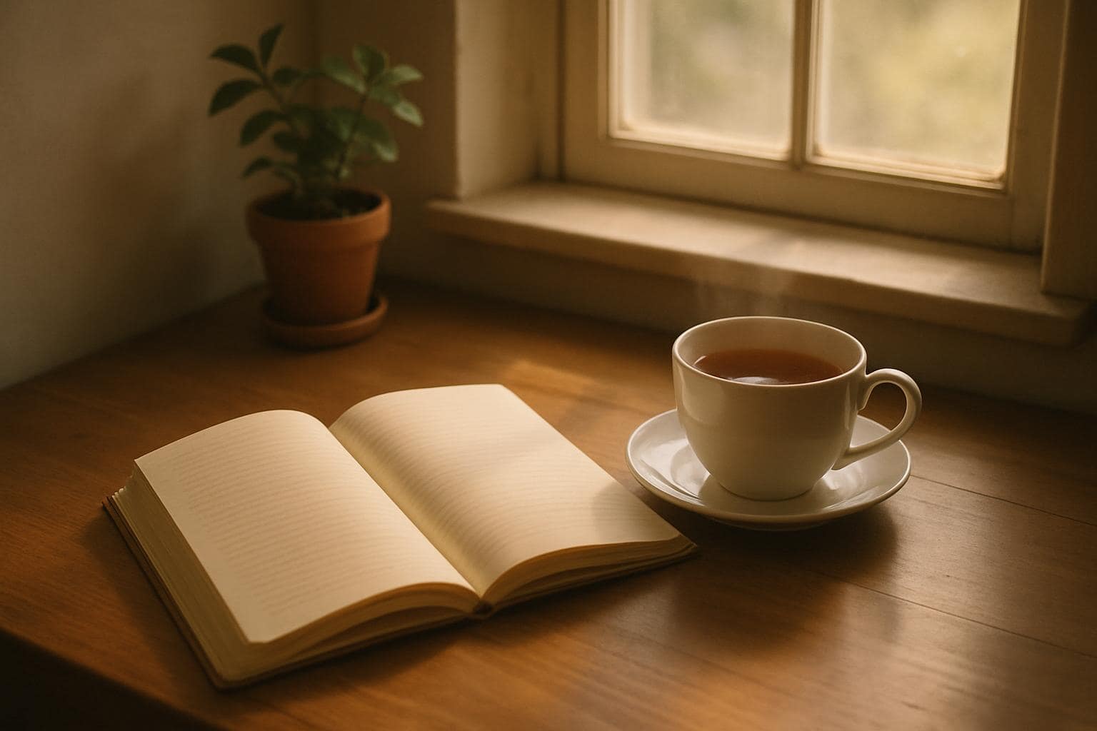 Journal and tea on a desk in soft morning light, symbolizing reflection and new beginnings