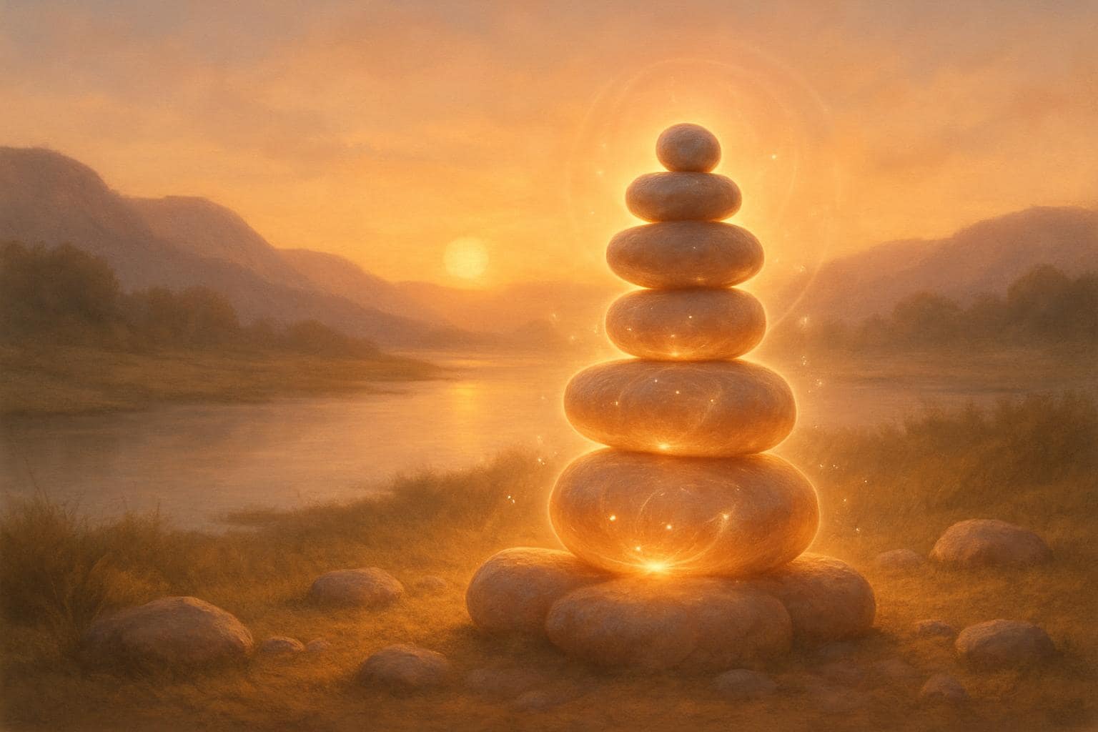 Stacked stones glowing softly at sunrise symbolizing stability and foundation