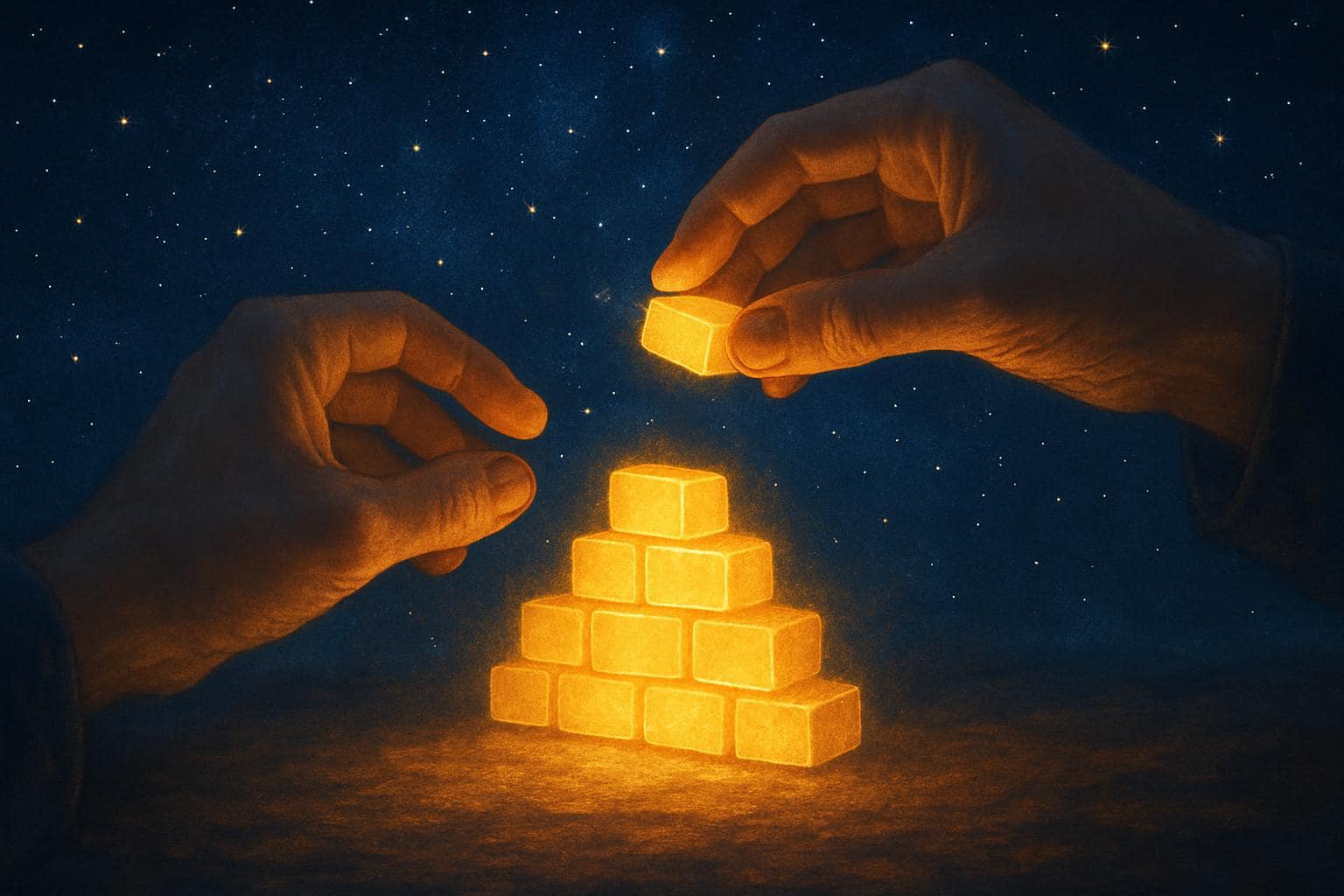 Hands building a glowing structure under a starry sky symbolizing steady growth