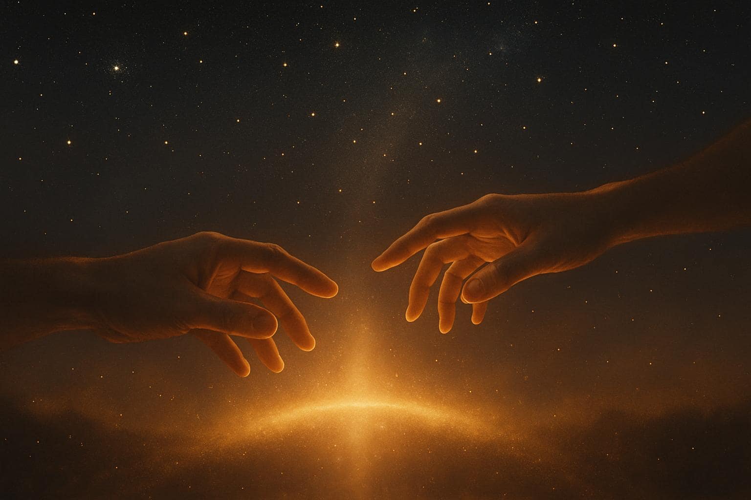 Two hands reaching toward each other under a starlit sky, symbolizing partnership and twin flame connection