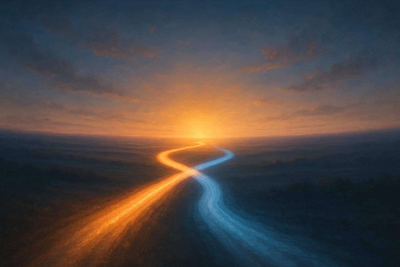 Two paths of light meeting at dawn symbolizing partnership and steady progress