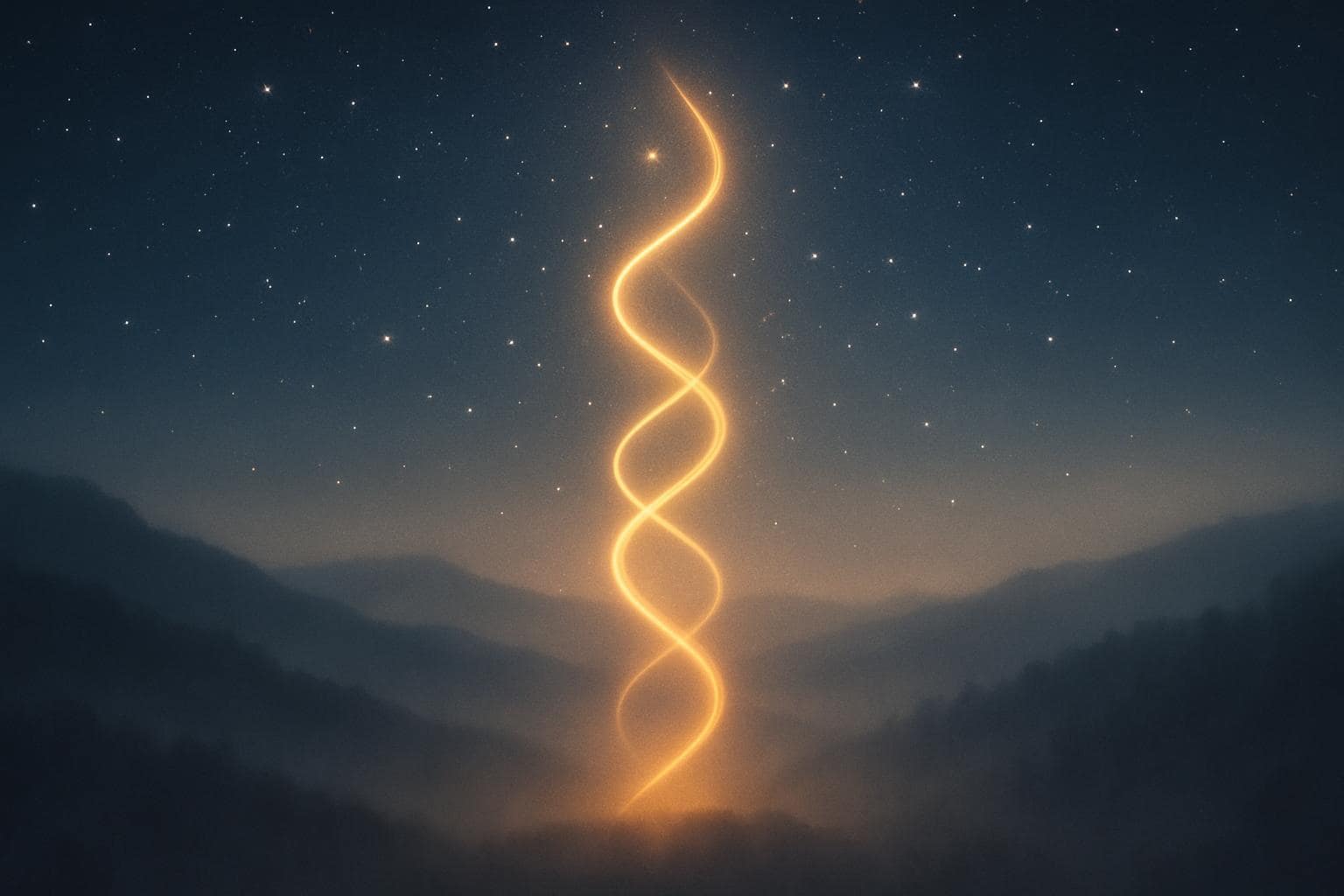 Two glowing light trails spiraling together in a starry night sky representing balance and new beginnings