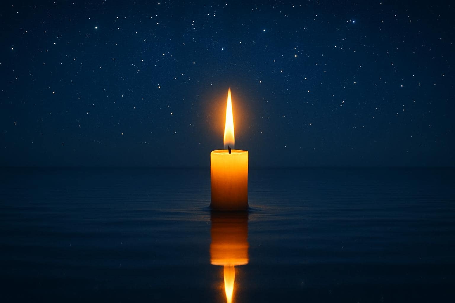A candle flame reflected in still water under a starry sky symbolizing spiritual alignment and faith