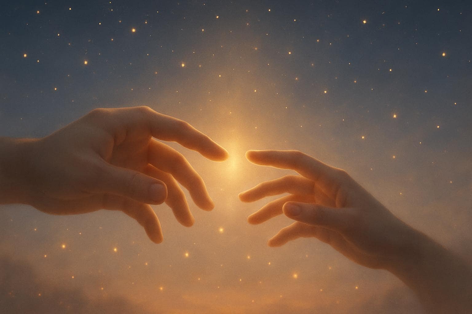 Two hands reaching toward each other under a starry twilight sky symbolizing trust and connection