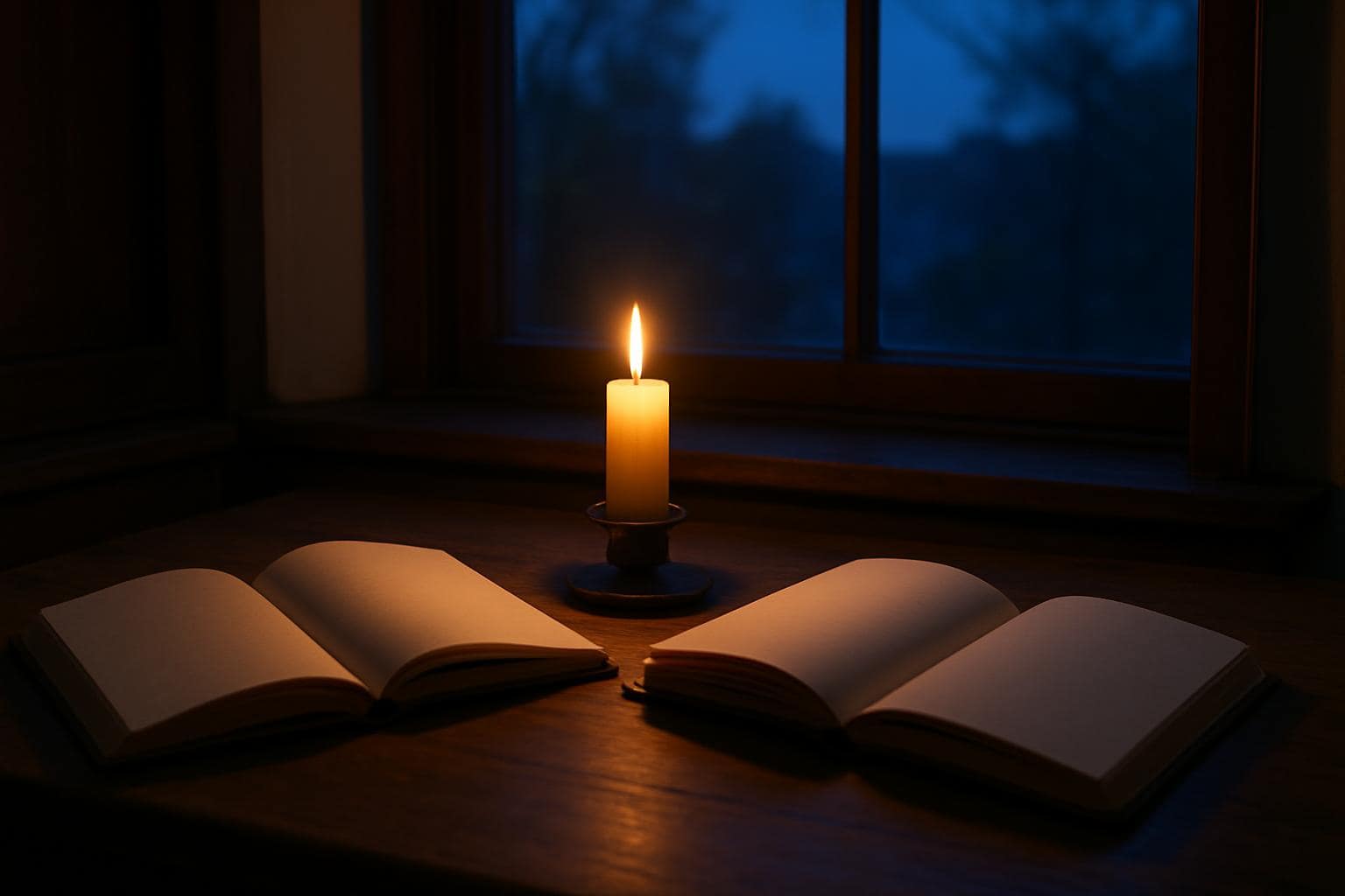 Candlelit journal and window scene evoking quiet reflection on love and career decisions