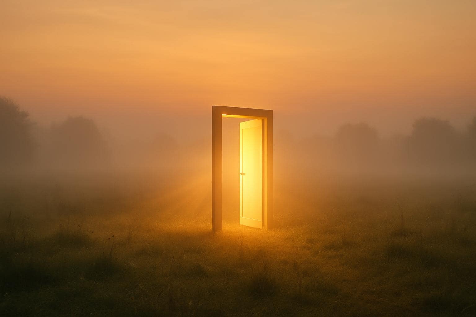 A glowing doorway of light in a misty field symbolizing new direction and trust