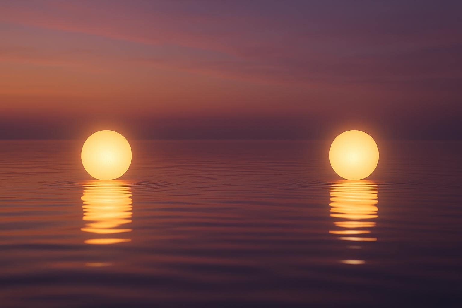 Two balanced glowing lights symbolizing partnership and harmony under a twilight sky