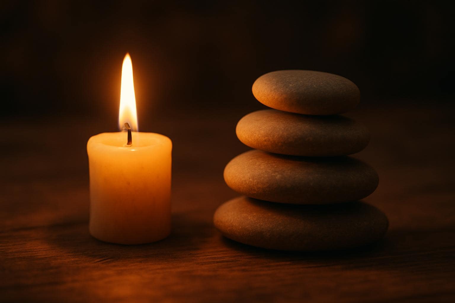 Candlelight and stacked stones representing stability, balance, and quiet abundance