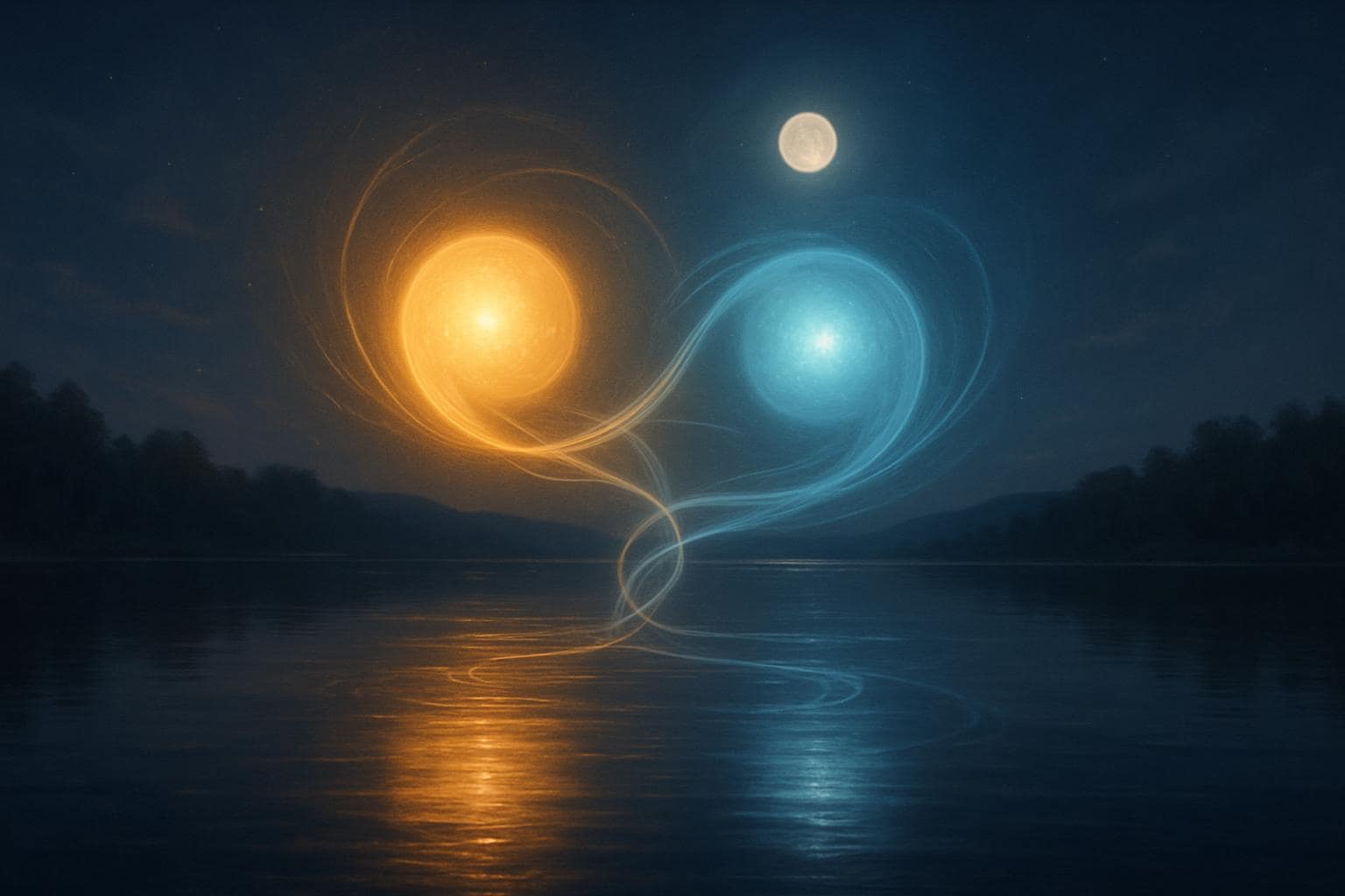 Two glowing lights intertwining above a calm moonlit lake symbolizing partnership and completion