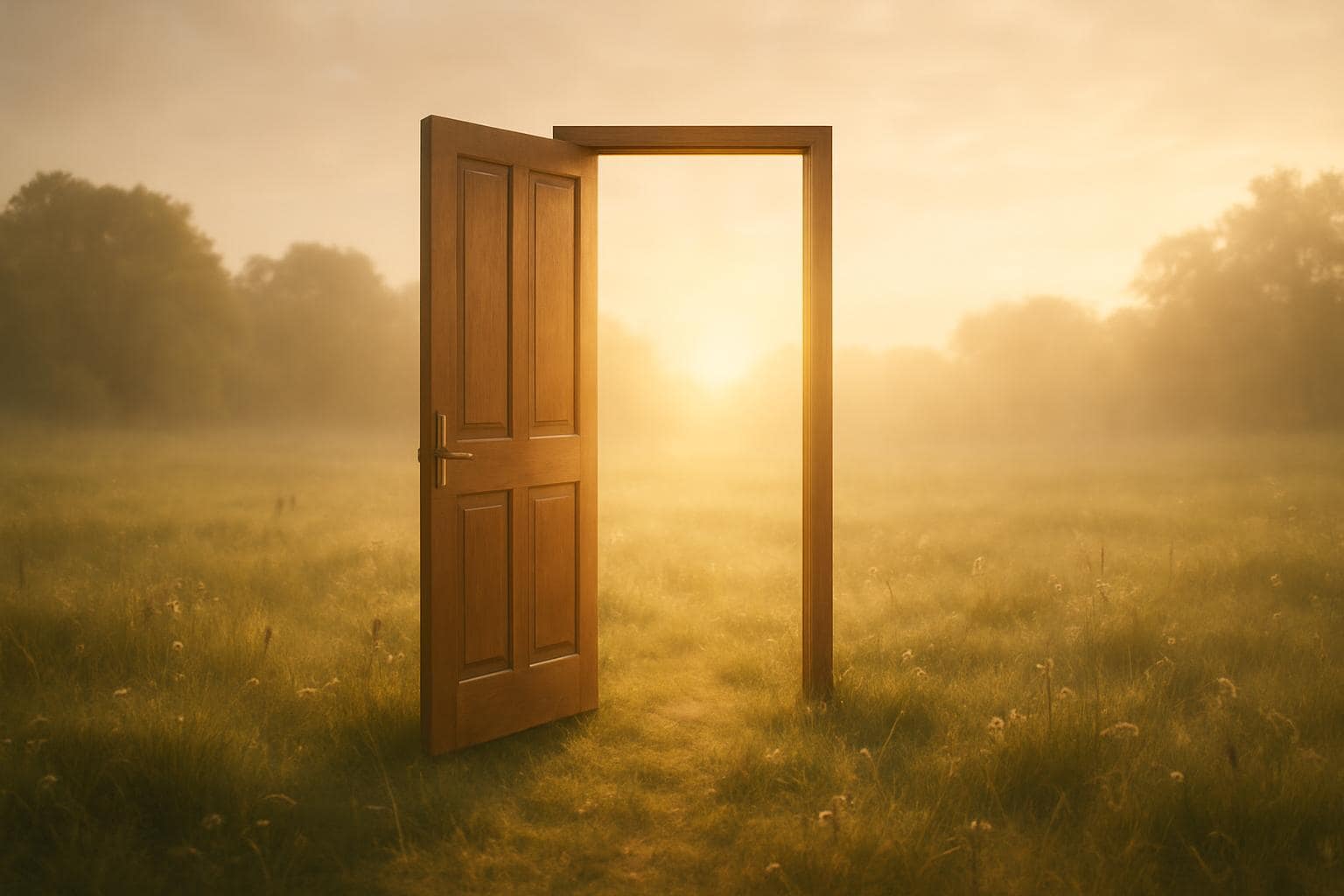 An open door in a sunlit meadow symbolizing an ending leading to new spiritual growth
