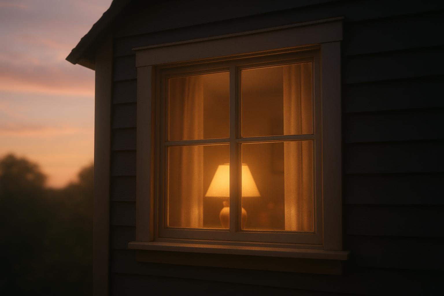 Warm glowing home window at dusk symbolizing love, family and stability
