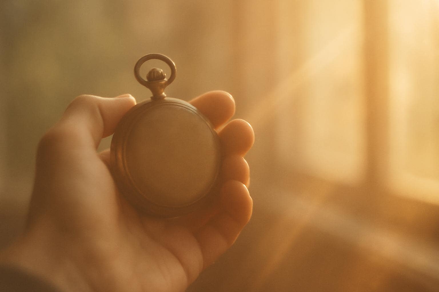 Warm morning light falling over a hand holding a pocket watch, evoking a moment of noticing a meaningful sign