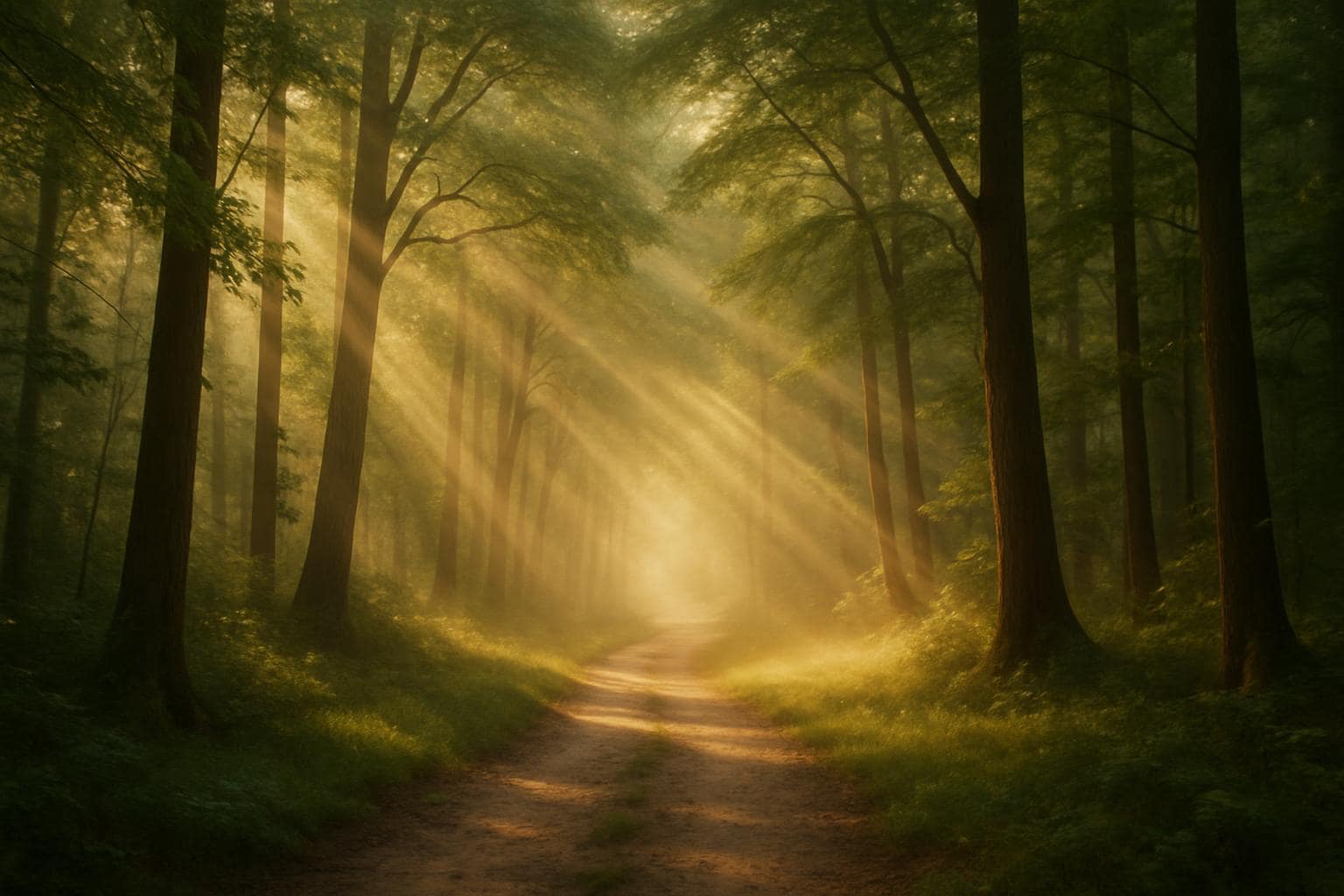 Sunlit forest path with golden light filtering through trees, symbolizing a spiritual new beginning