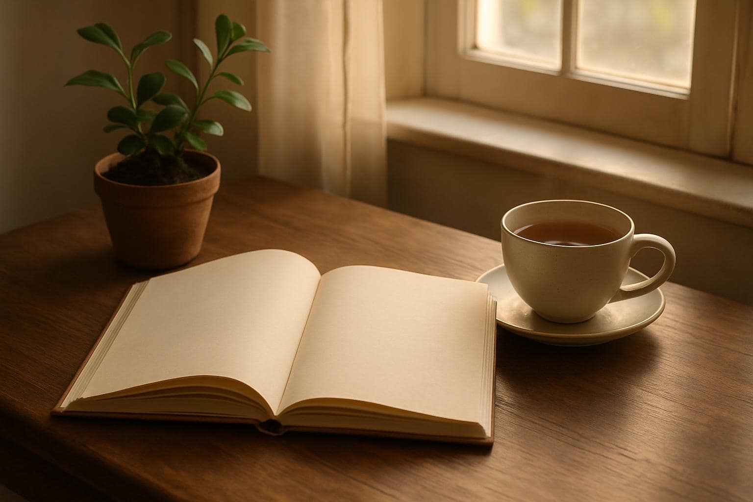 Open journal and tea in soft morning light, symbolizing reflection and new starts