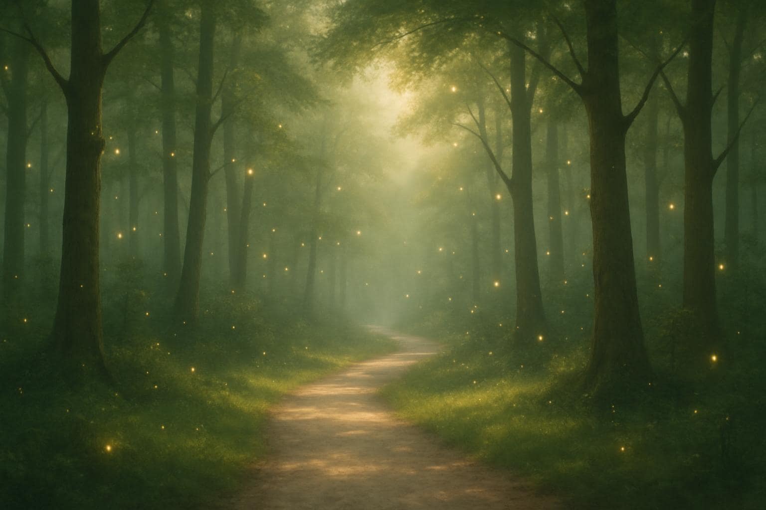 A quiet forest path bathed in soft light representing steady progress and trust