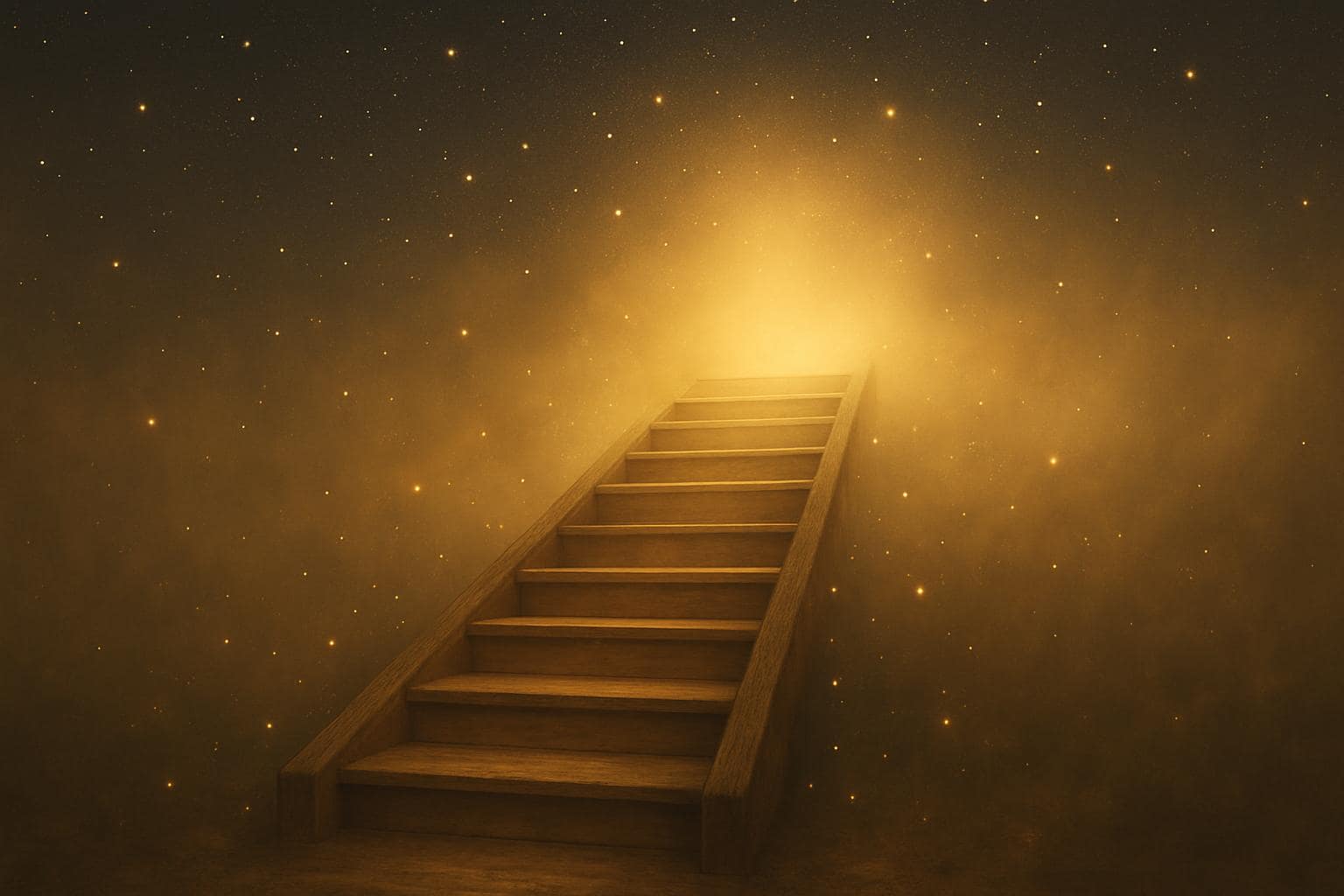 A glowing staircase ascending into starlit mist, symbolizing steady growth toward freedom