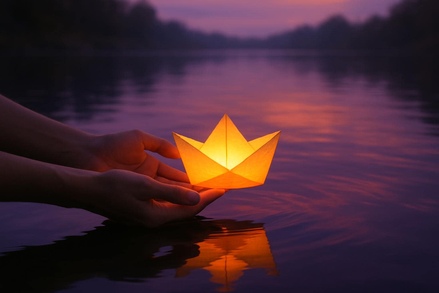 Hands releasing a glowing lantern onto calm water at dusk, symbolizing trust and change