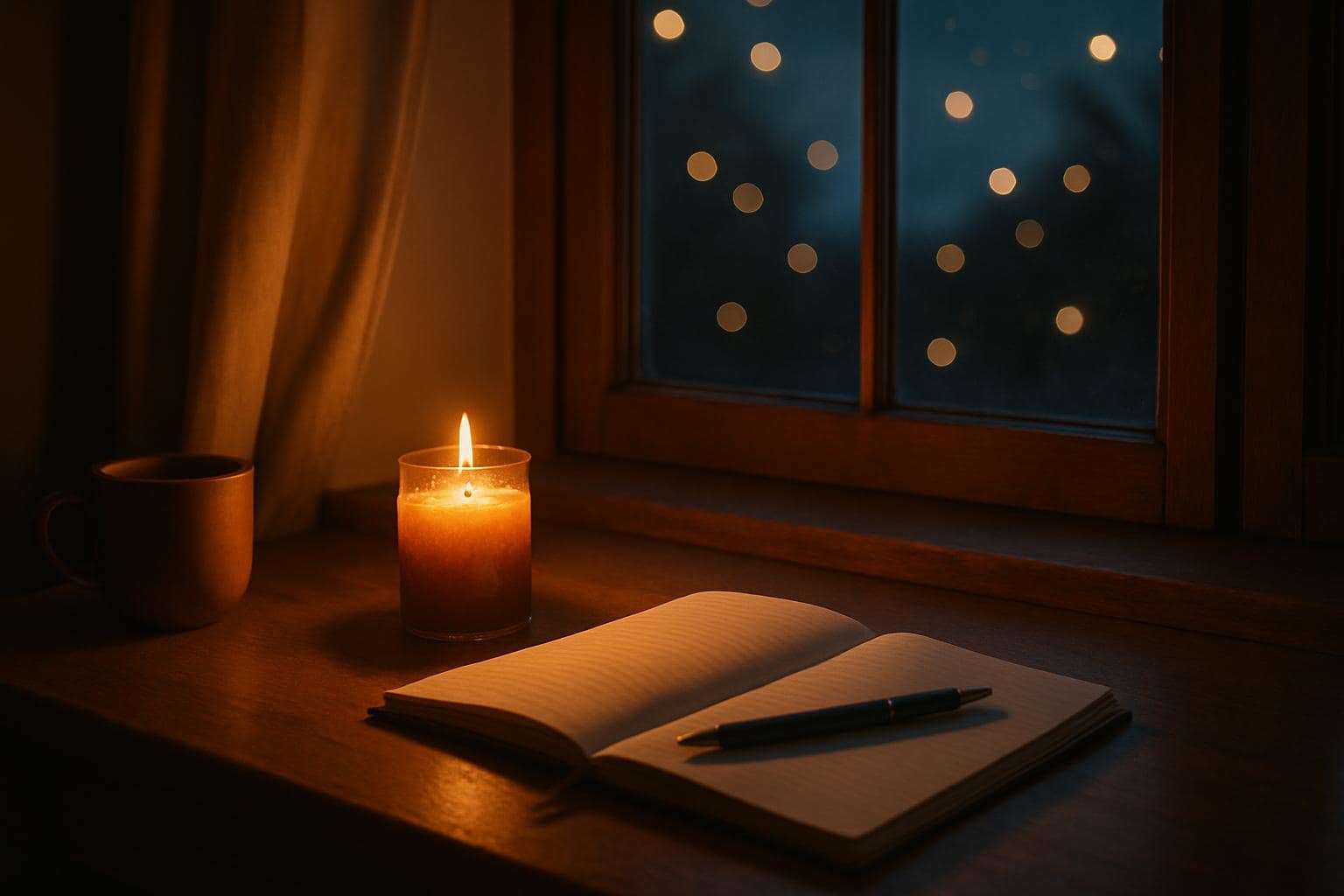 A candlelit desk by a window at dusk, symbolizing quiet reflection on angel number 36