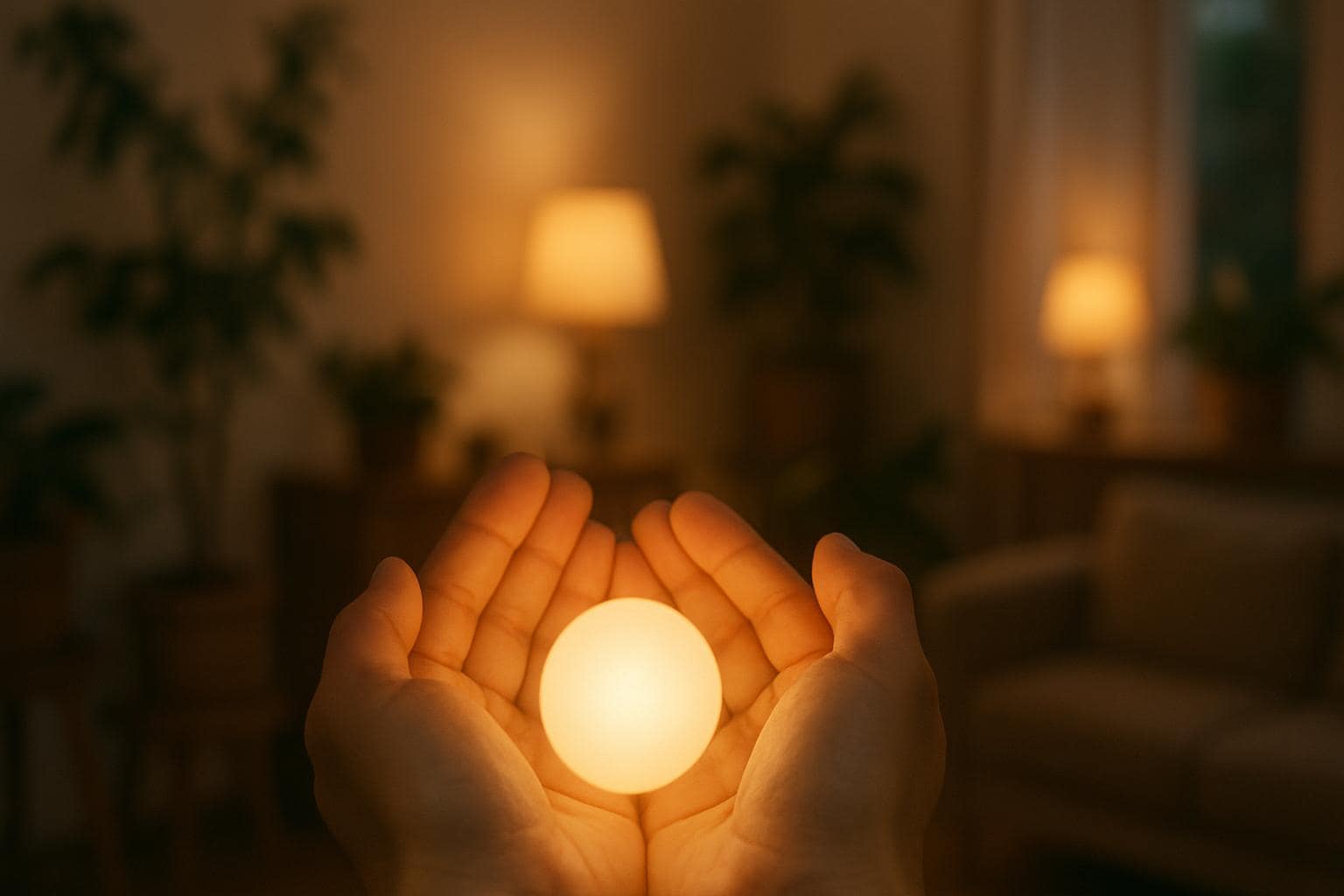 Hands cupping a soft glowing light in a warm home setting, representing balance between love and responsibility