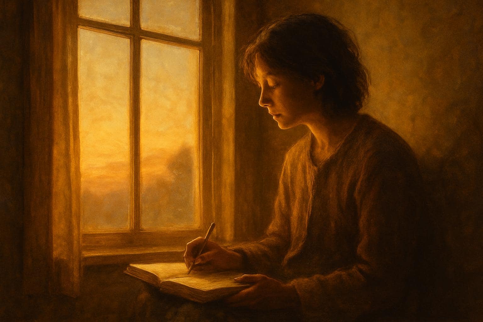 Person journaling in soft morning light, reflecting on inner guidance