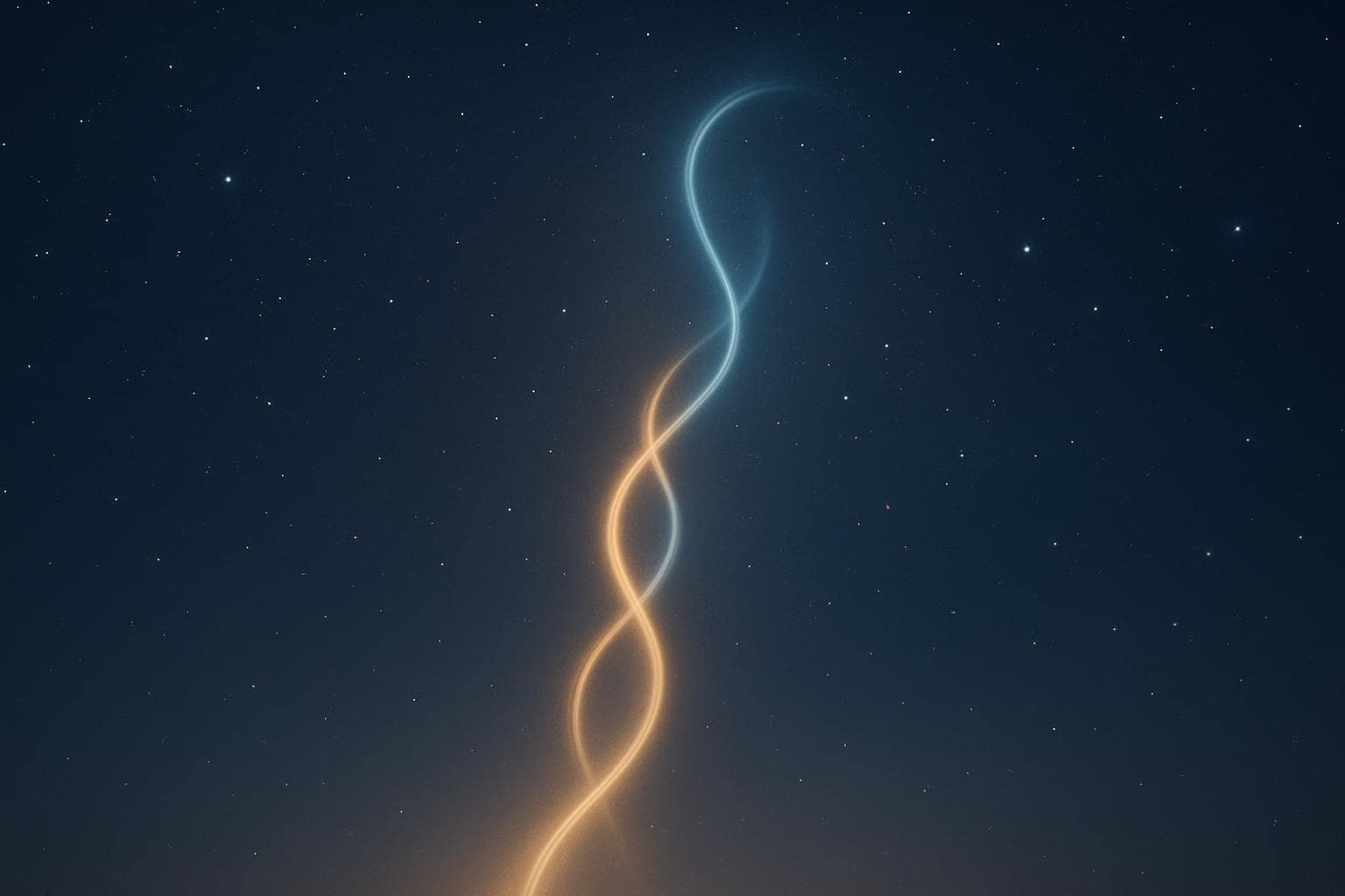 Two glowing light trails swirling together under a starry sky