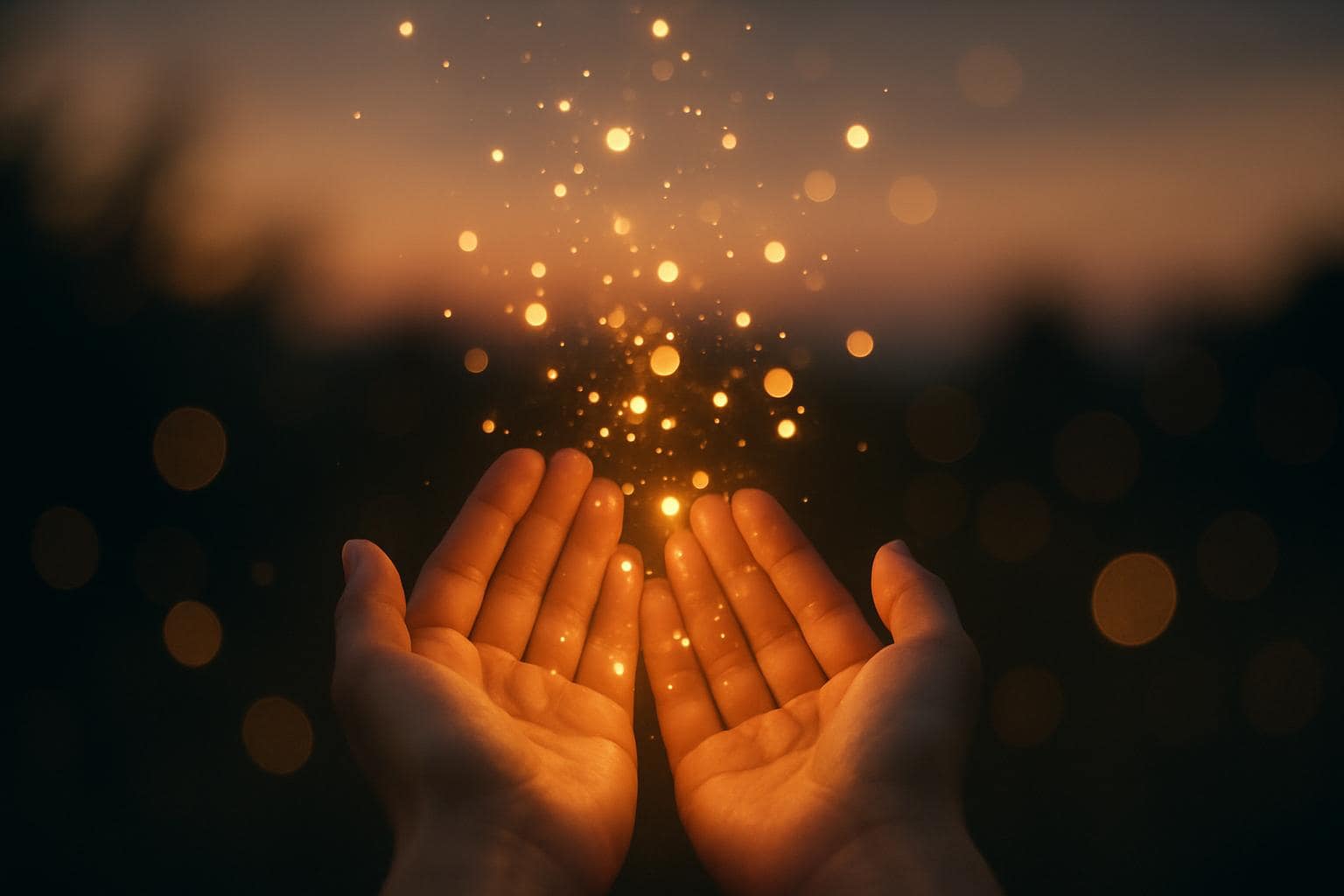 Hands releasing glowing light particles symbolizing letting go and new beginnings