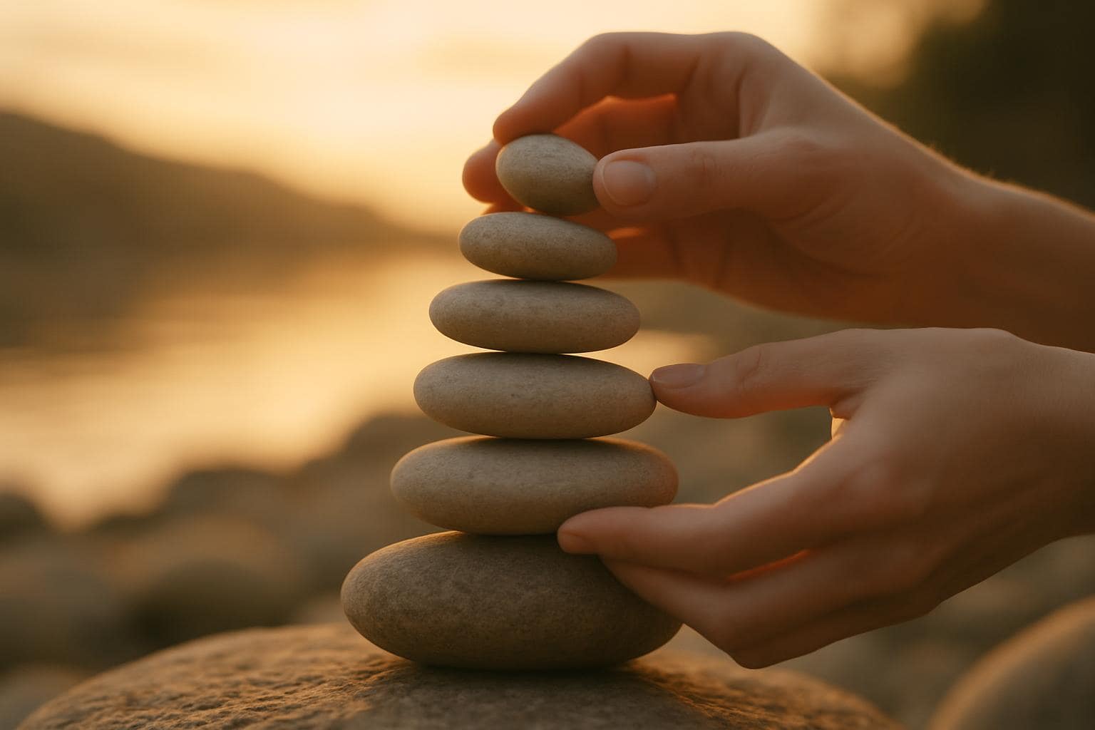 Hands stacking balanced stones symbolizing steady foundations