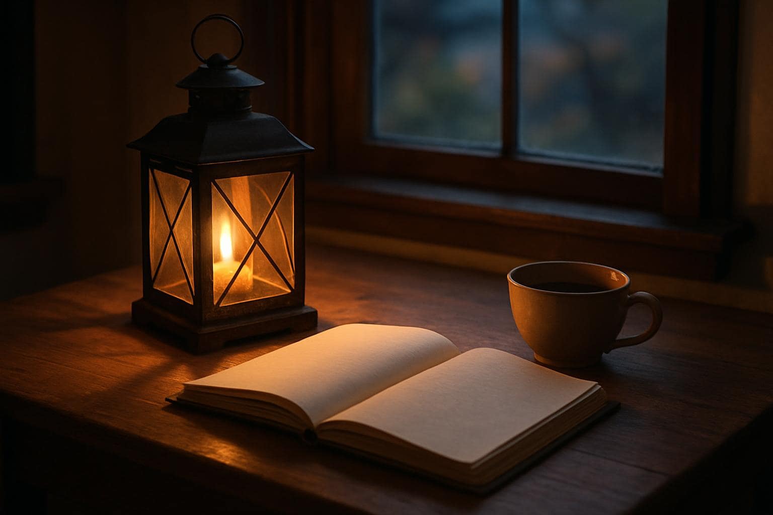 Warm lantern light beside a journal representing quiet reflection