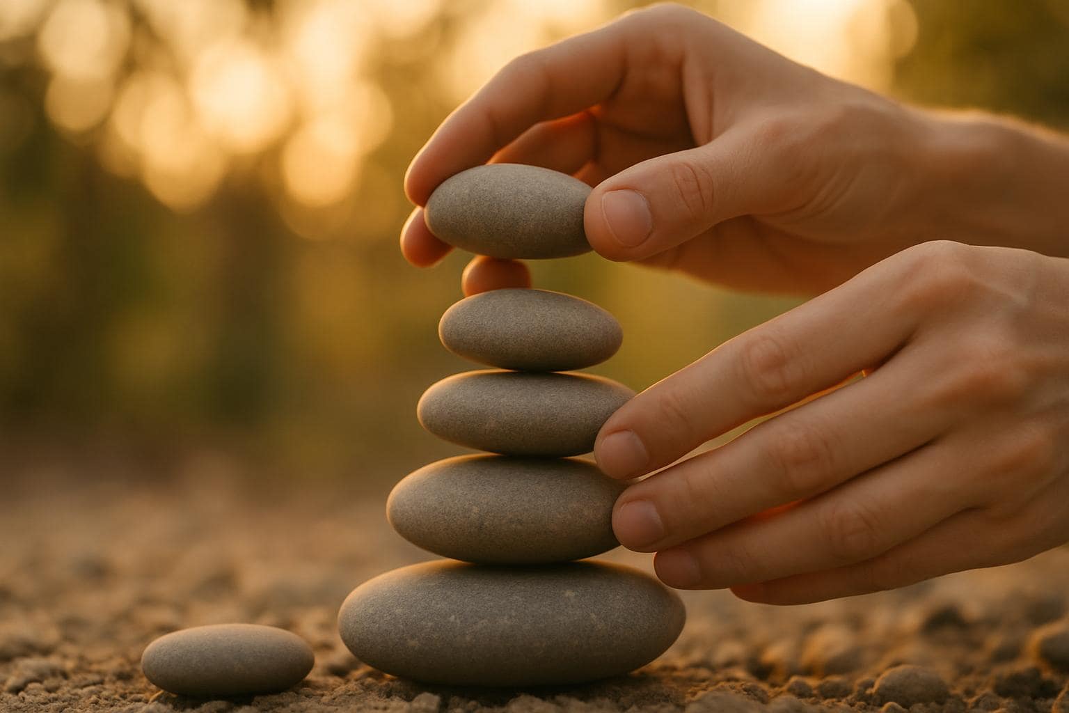 Hands stacking balanced stones representing the steady building energy of angel number 42