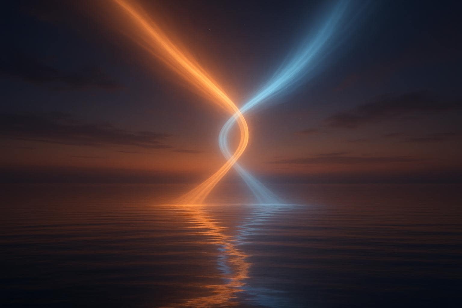 Two beams of soft light meeting above calm water, symbolizing a twin flame connection