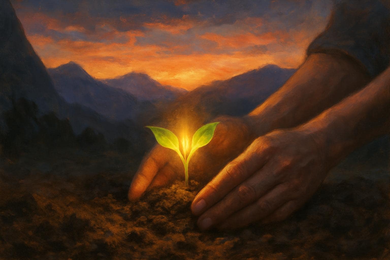 Hands planting a glowing seedling symbolizing stability and growth for angel number 45