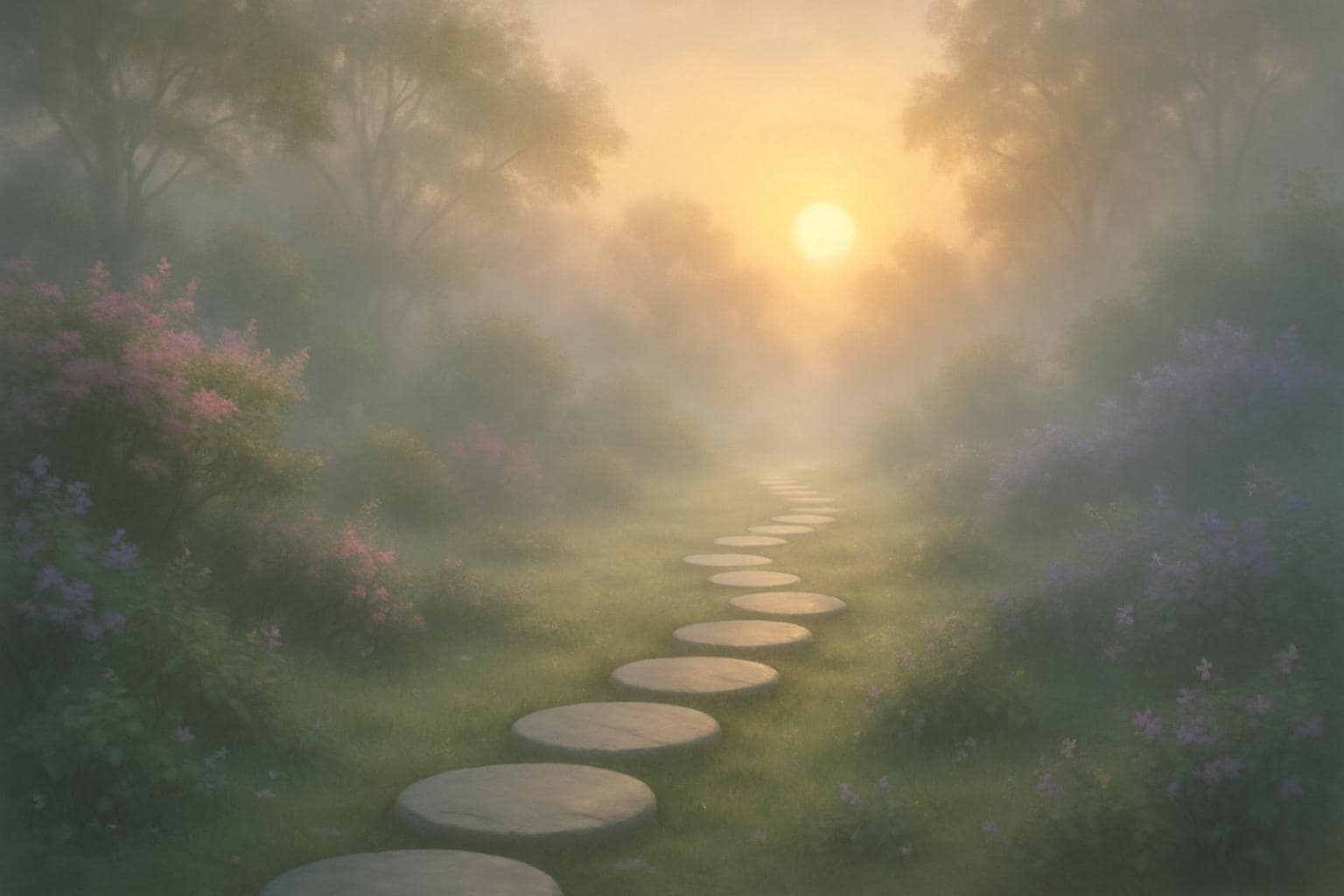A stepping-stone path glowing toward sunrise, symbolizing steady progress and growth