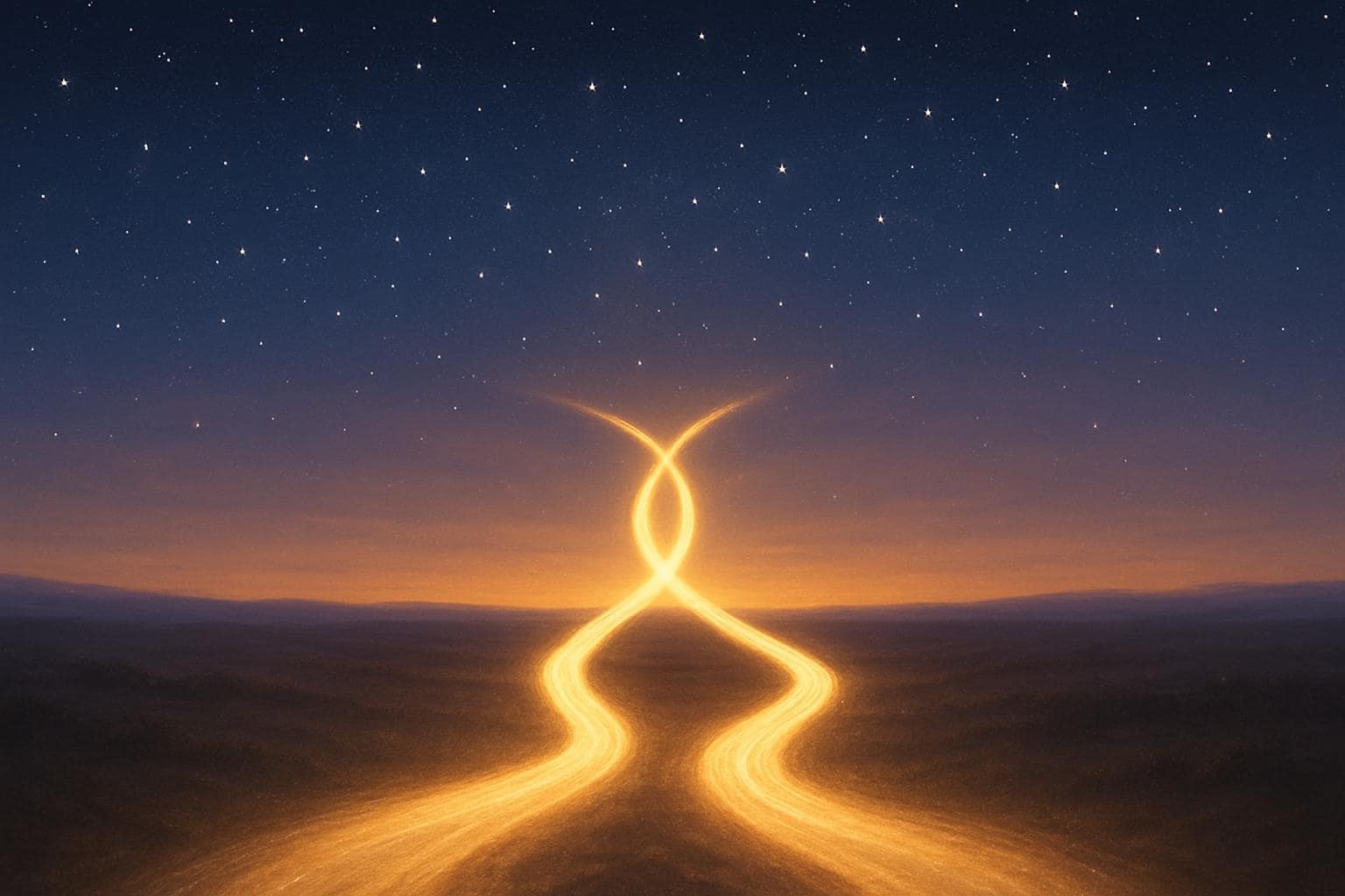 Two glowing paths merging together under a starry sky, symbolizing partnership and growth
