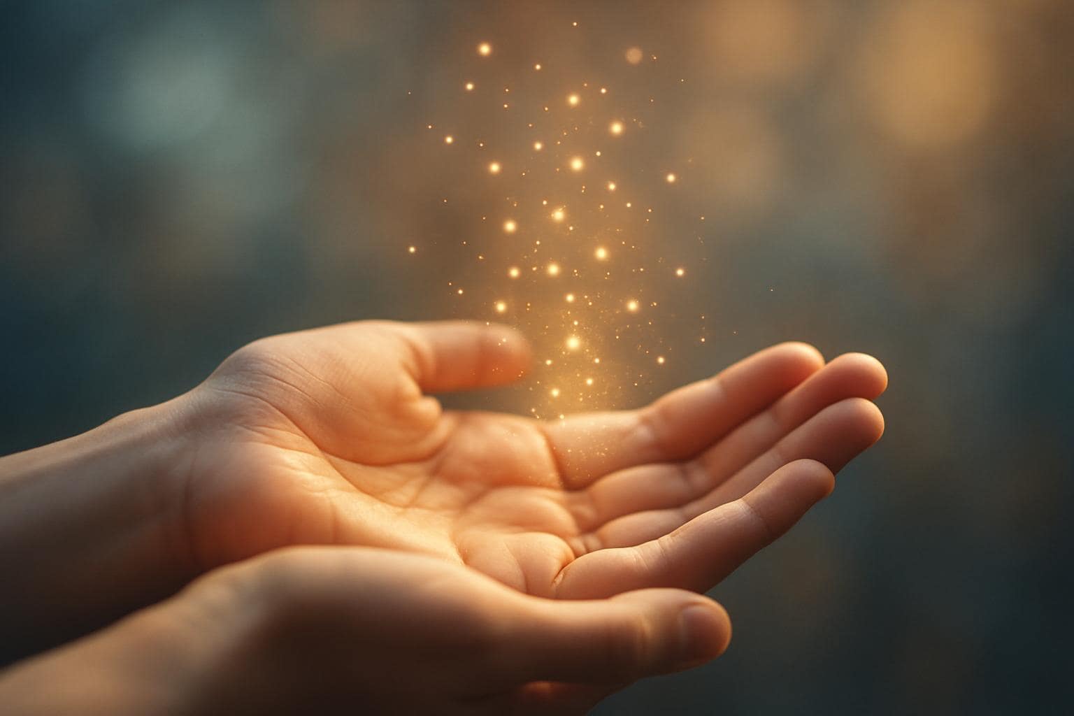 Open hands glowing with soft warm light symbolizing trust and receiving abundance