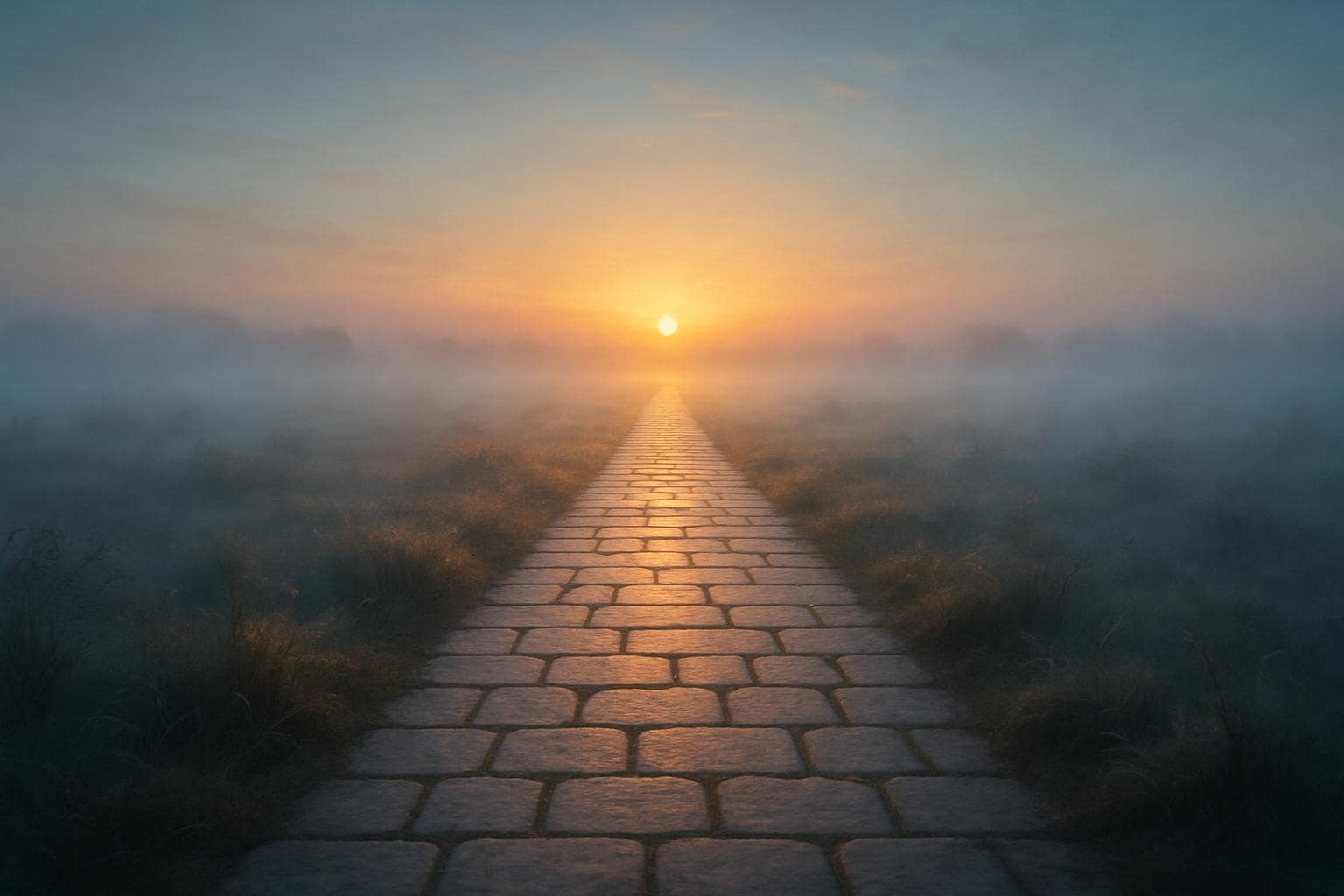A stone pathway leading toward a glowing horizon symbolizing steady progress and abundance
