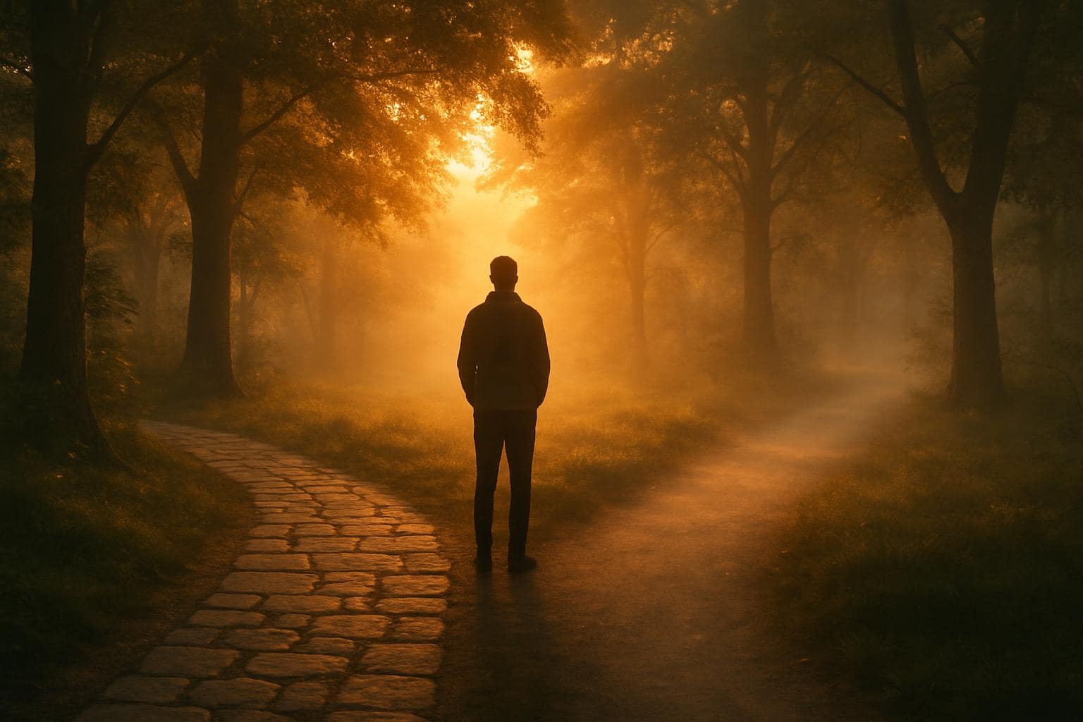 A figure standing at a misty crossroads path at sunrise, symbolizing transition and new stability