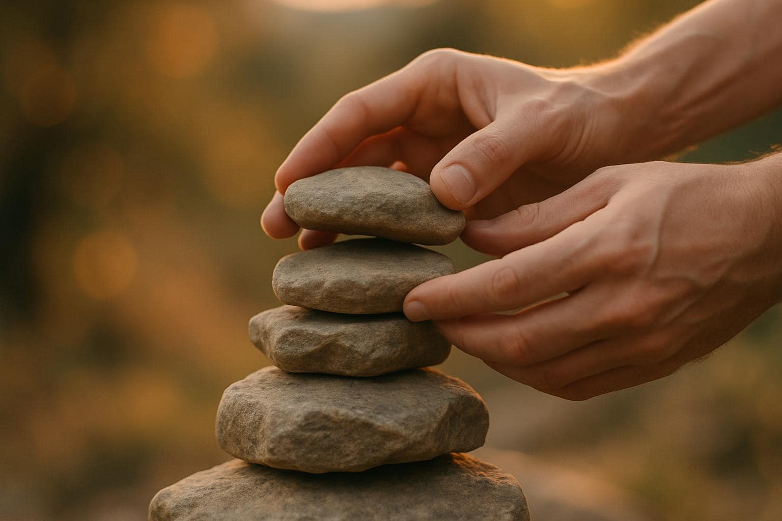 Hands stacking the final stone onto a foundation in warm evening light, symbolizing completion and stability