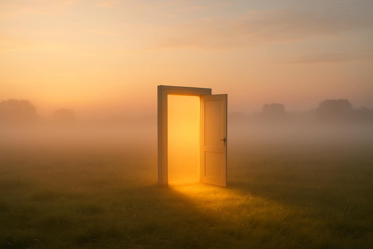 An open doorway glowing with golden light in a misty field, symbolizing freedom and new beginnings